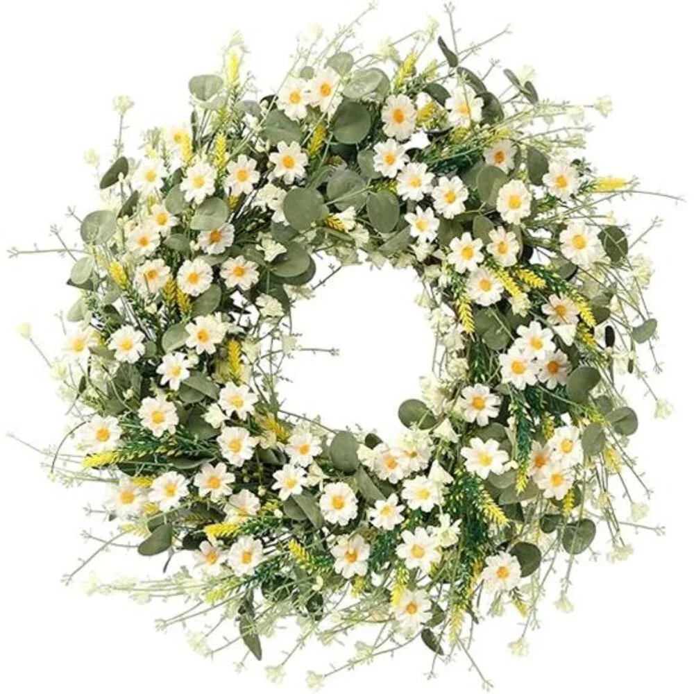White Daisy Wreath 24 Inch Spring Summer Wreath Fake Silk Floral Wreath